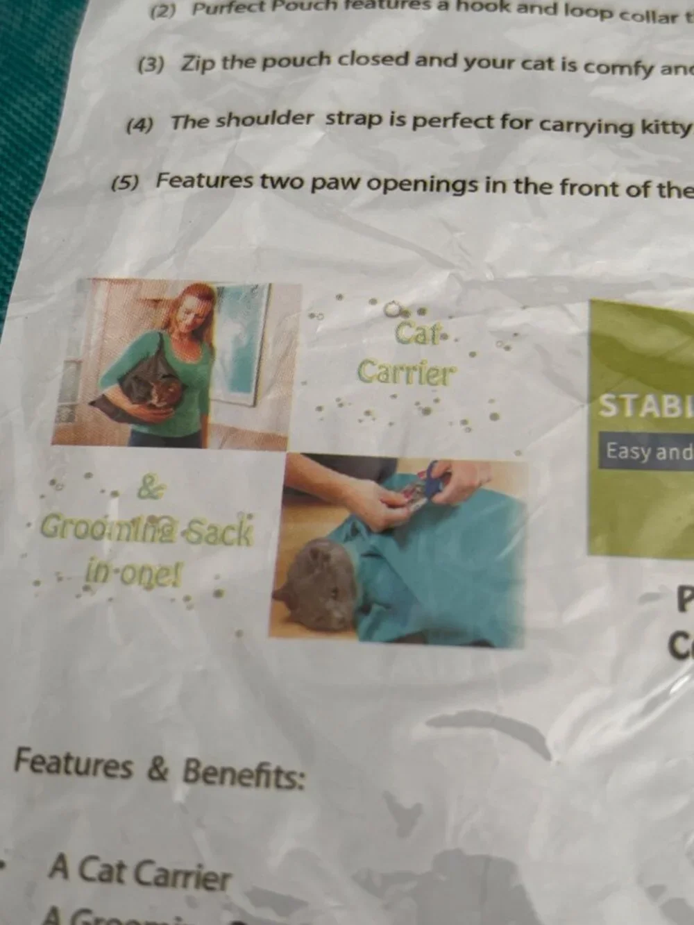 Purrfect Pouch Comfy Cat Carrier & Grooming Sack In One - Teal - Durable & Machi